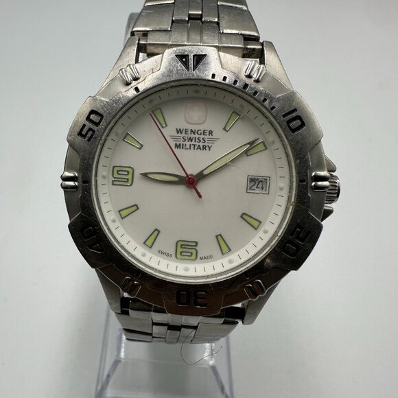Wenger Swiss Military Watch Men Silver Tone White Dial Date Window New Battery - Picture 3 of 14